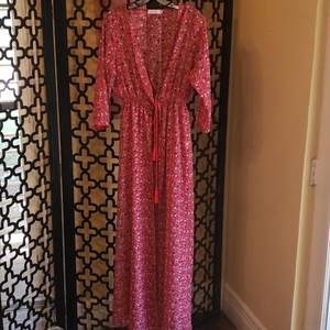 Red‎ Floral Boho Coverup/Duster Short Sleeve Lightweight Size Large